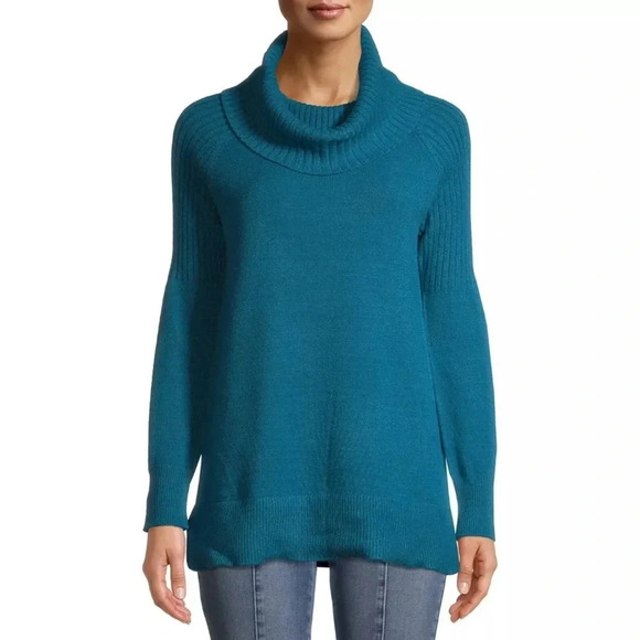 ✨Time and Tru Women's Cowl Neck Tunic Sweater LG 12/14 Teal knit - Picture 2 of 11